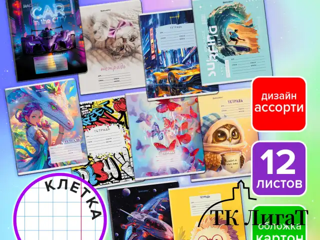 Тетрадь 12 л. BRAUBERG клетка, обложка картон, МИКС-2, 107269
