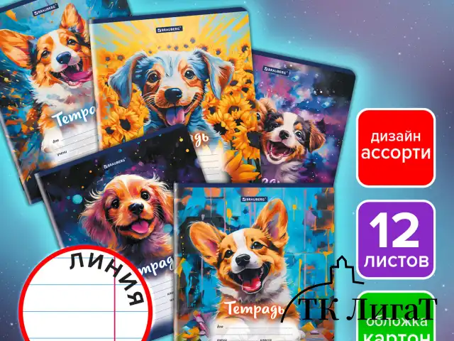 Тетрадь 12 л. BRAUBERG линия, обложка картон, DOGS, 107281
