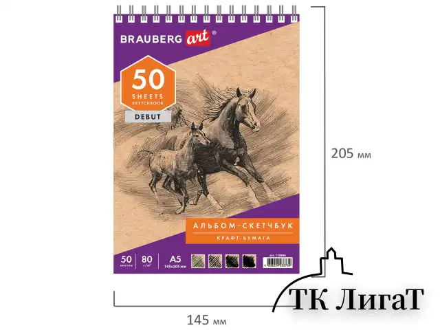 Скетчбук, крафт-бумага 80 г/м2, 145х205 мм, 50 л., гребень, жёсткая подложка, BRAUBERG ART DEBUT, 110986