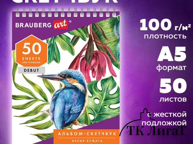Скетчбук, белая бумага 100 г/м2, 145х205 мм, 50 л., гребень, жёсткая подложка, BRAUBERG ART DEBUT, 110987