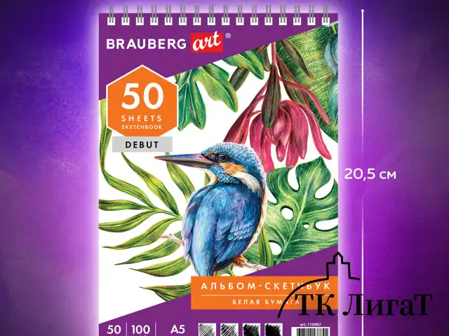 Скетчбук, белая бумага 100 г/м2, 145х205 мм, 50 л., гребень, жёсткая подложка, BRAUBERG ART DEBUT, 110987