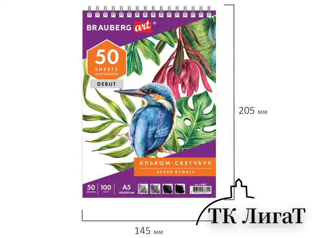 Скетчбук, белая бумага 100 г/м2, 145х205 мм, 50 л., гребень, жёсткая подложка, BRAUBERG ART DEBUT, 110987