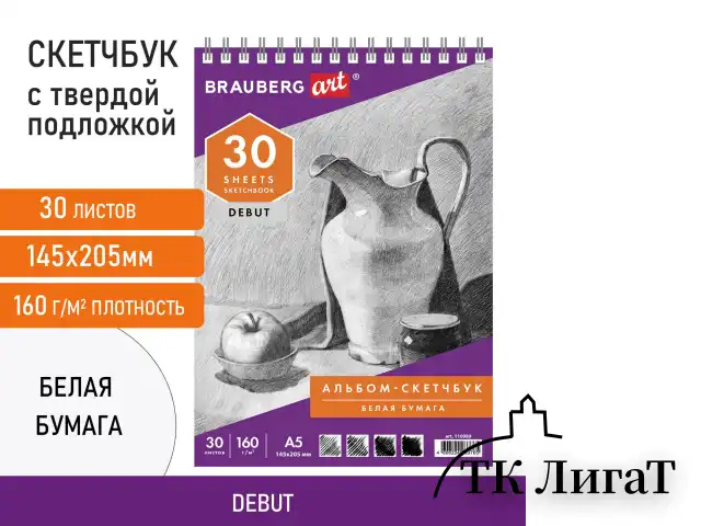 Скетчбук, белая бумага 160 г/м2, 145х205 мм, 30 л., гребень, жёсткая подложка, BRAUBERG ART DEBUT, 110989