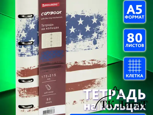 Тетрадь на кольцах А5 (180х220 мм), 80 листов, под кожу, клетка, BRAUBERG VISTA, USA, 112122