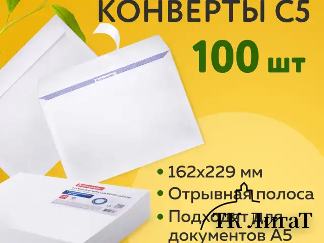 Конверты С5 (162х229 мм), отрывная лента, внутренняя запечатка, 80 г/м2, КОМПЛЕКТ 100 шт., BRAUBERG, 112187