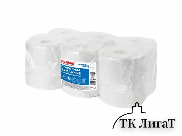 Полотенца бумажные с центральной вытяжкой 300 м, LAIMA (Система M2) UNIVERSAL WHITE, 1-слойные, белые, КОМПЛЕКТ 6 рулонов, 112506