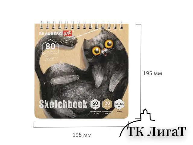 Скетчбук, белая бумага 120 г/м2 + крафт 80 г/м2 195х195 мм, 60 + 20 л., гребень, BRAUBERG ART DEBUT, 112983