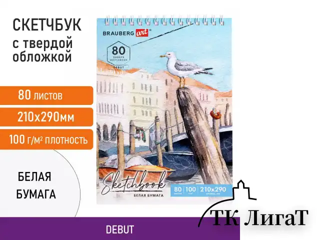 Скетчбук, белая бумага 100 г/м2, 210х290 мм, 80 л., гребень, твердая обложка, BRAUBERG ART DEBUT, 112987