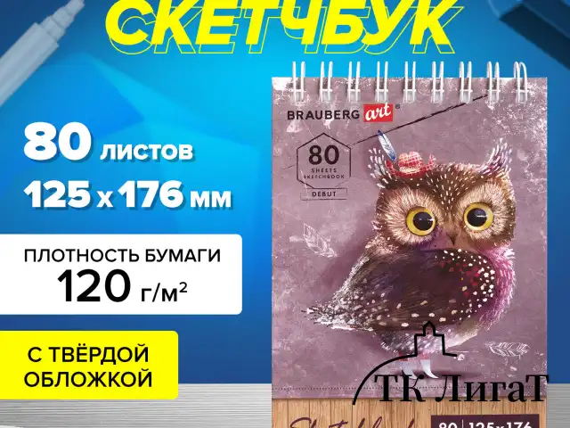Скетчбук, белая бумага 120 г/м2 125х176 мм, 80 л., гребень, твердая обложка, BRAUBERG ART DEBUT, 112988