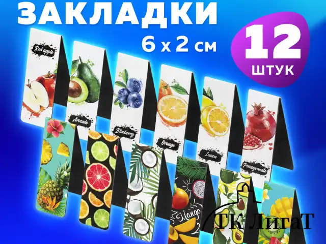 Закладки для книг МАГНИТНЫЕ, "FRUITS", набор 12 шт., 60x20 мм, BRAUBERG, 113173