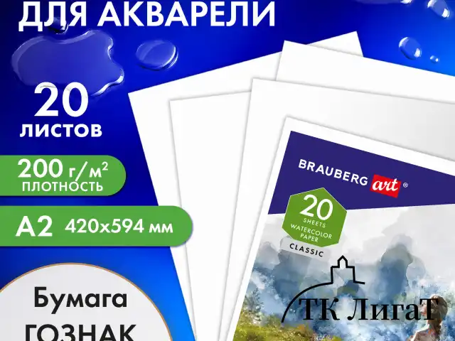 Папка для акварели БОЛЬШАЯ А2, 20 л., "ГАРМОНИЯ", зерно, 200 г/м2, ГОЗНАК, BRAUBERG ART CLASSIC, 113211