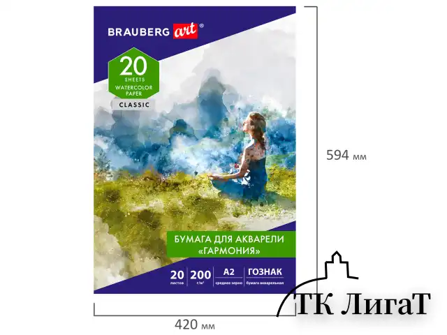 Папка для акварели БОЛЬШАЯ А2, 20 л., "ГАРМОНИЯ", зерно, 200 г/м2, ГОЗНАК, BRAUBERG ART CLASSIC, 113211