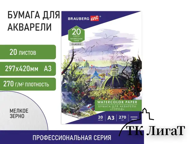Папка для акварели БОЛЬШАЯ А3, 20 л., 270 г/м2, мелкое зерно, BRAUBERG ART CLASSIC, "Город", 114400