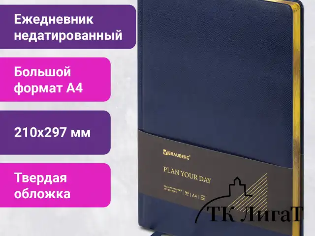 Ежедневник недатированный БОЛЬШОЙ ФОРМАТ 210х297 мм, А4, BRAUBERG Iguana, 160л, синий, 114451