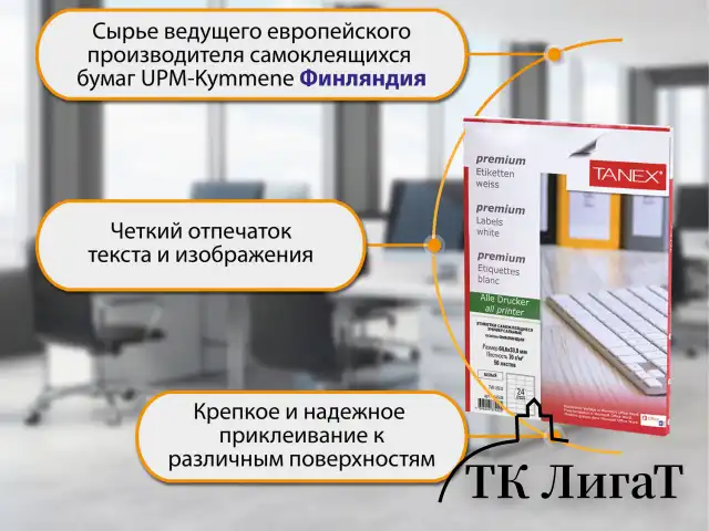 Этикетка самоклеящаяся 64,6х33,8 мм, 24 этикетки, белая 70 г/м2, 50 листов, TANEX, сырье Финляндия, 114538, TW-2533