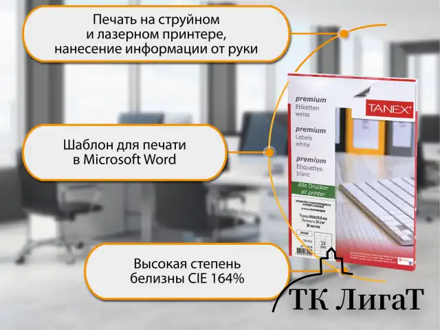 Этикетка самоклеящаяся 64,6х33,8 мм, 24 этикетки, белая 70 г/м2, 50 листов, TANEX, сырье Финляндия, 114538, TW-2533