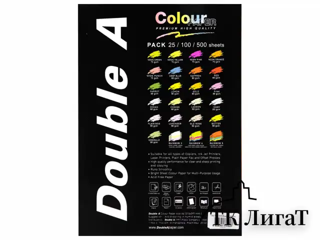 Бумага цветная DOUBLE A, А4, 80 г/м2, 100 л., 5 цветов x 20 л., микс интенсив
