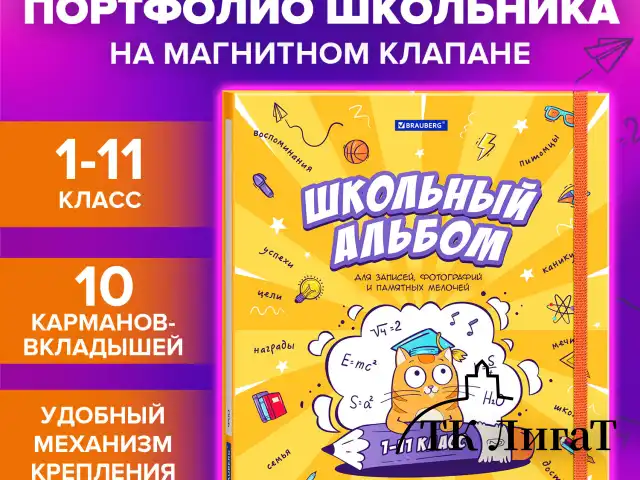 Папка-портфолио школьника, А4, ШКОЛЬНЫЙ АЛЬБОМ, 10 вкладышей, магнитный клапан 7БЦ, BRAUBERG, 115242
