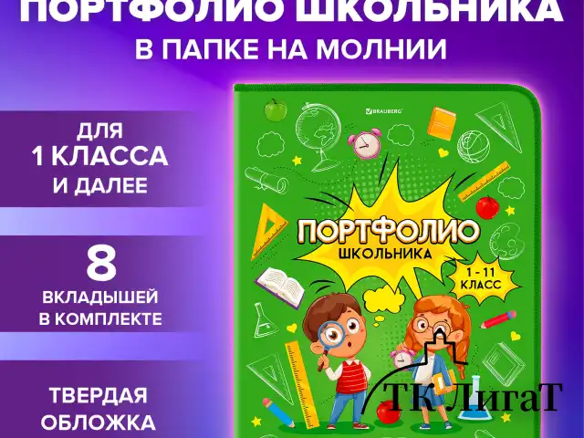 Папка-портфолио школьника, А4, на молнии, 8 вкладышей, обложка твёрдая, ОТЛИЧНИКИ, BRAUBERG, 115244