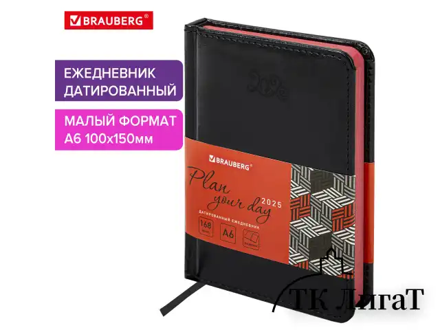 Ежедневник датированный 2025 МАЛЫЙ ФОРМАТ 100х150 мм А6, BRAUBERG "Rainbow", под кожу, черный, 115749