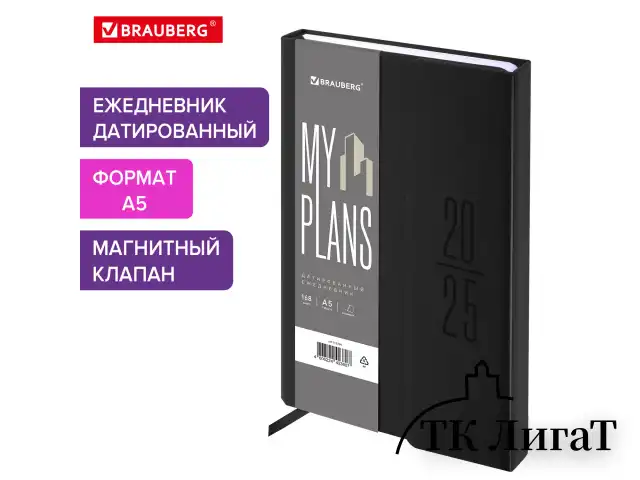 Ежедневник датированный 2025, А5, 138x213 мм, BRAUBERG "Towny", под кожу, клапан, черный, 115764