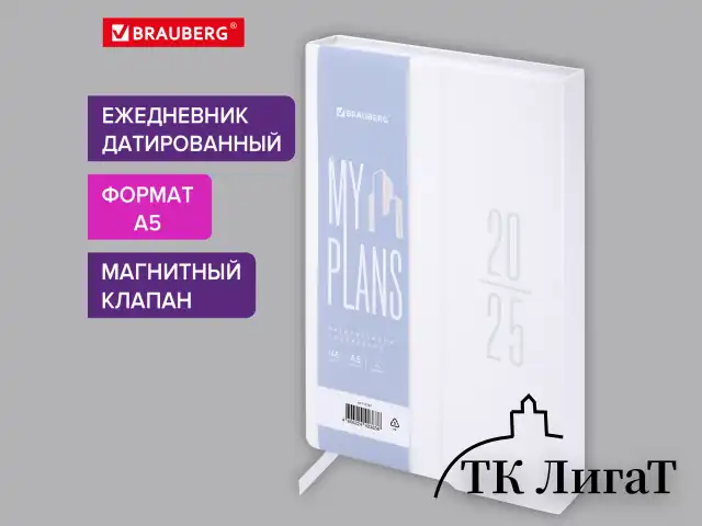Ежедневник датированный 2025, А5, 138x213 мм, BRAUBERG "Towny", под кожу, клапан, белый, 115767