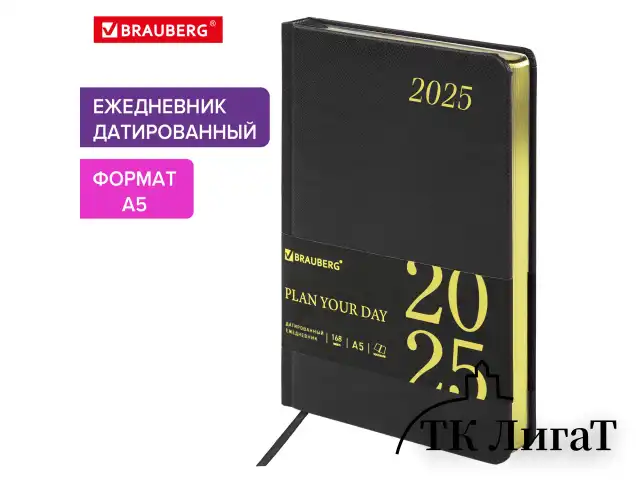 Ежедневник датированный 2025, А5, 138x213 мм, BRAUBERG "Iguana", под кожу, черный, 115779