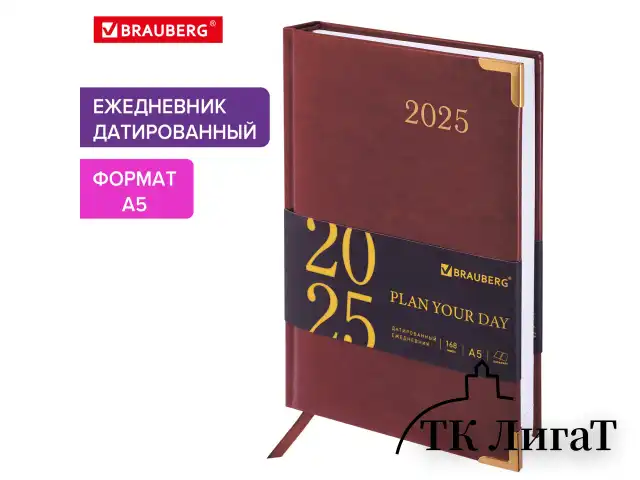 Ежедневник датированный 2025 А5 138x213 мм BRAUBERG "Senator", под кожу, коричневый, 115814