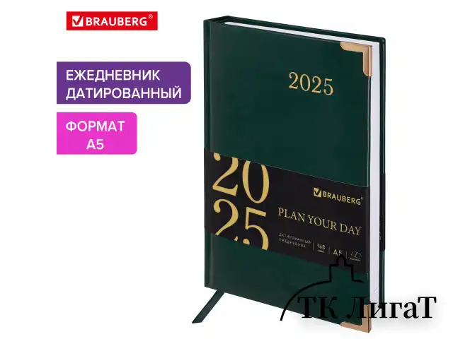 Ежедневник датированный 2025 А5 138x213 мм BRAUBERG "Senator", под кожу, зеленый, 115816