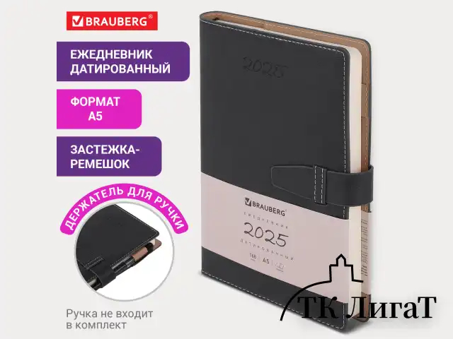 Ежедневник датированный 2025, А5, 143х218 мм, BRAUBERG "Journal", под кожу, застежка, органайзер, черный, 115882