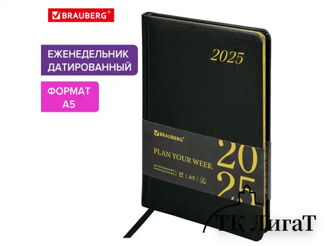 Еженедельник датированный 2025, А5, 145х215 мм, BRAUBERG "Iguana", под кожу, черный, 115961