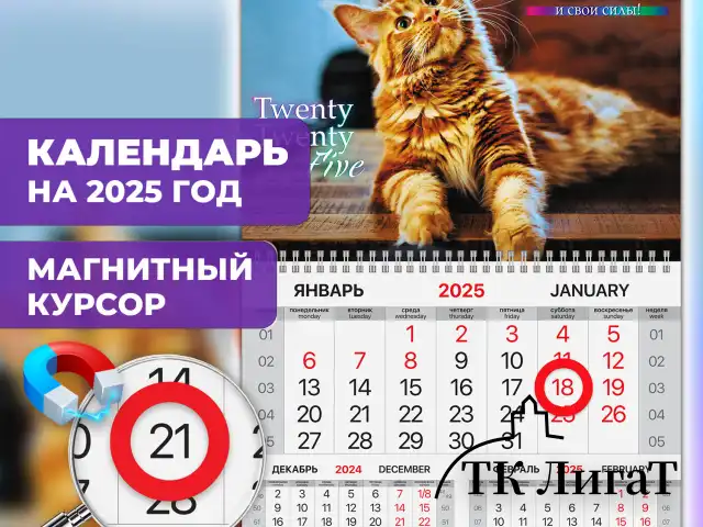 Календарь квартальный на 2025 г., 1 блок, 1 гребень, магнитный курсор, мелованная бумага, BRAUBERG, "Котик", 116080