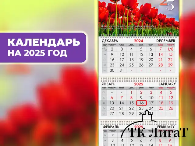 Календарь квартальный на 2025 г., 3 блока, 3 гребня, с бегунком, офсет, BRAUBERG, "Тюльпаны", 116109