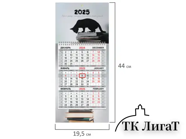 Календарь квартальный на 2025 г., 1 блок, 1 гребень, с бегунком, МИНИ, офсет, BRAUBERG, "Smart cat", 116123