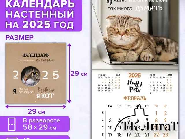 Календарь настенный перекидной на 2025 г., BRAUBERG, 12 листов, 29х29 см, "Смешные котики", 116165
