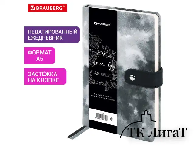 Ежедневник недатированный А5 138х213 мм BRAUBERG "Nebula", под кожу, застежка, 160 л., черный, 116235