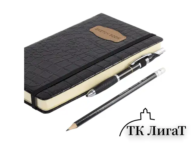 Скетчбук, слоновая кость 140 г/м2, 130х210 мм, 80 л., КОЖЗАМ, резинка, BRAUBERG ART CLASSIC, CROCO, черный, 116470