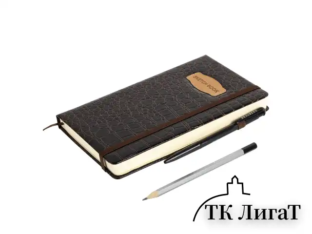 Скетчбук, слоновая кость 140 г/м2, 130х210 мм, 80 л., КОЖЗАМ, резинка, BRAUBERG ART CLASSIC, CROCO, коричневый, 116471
