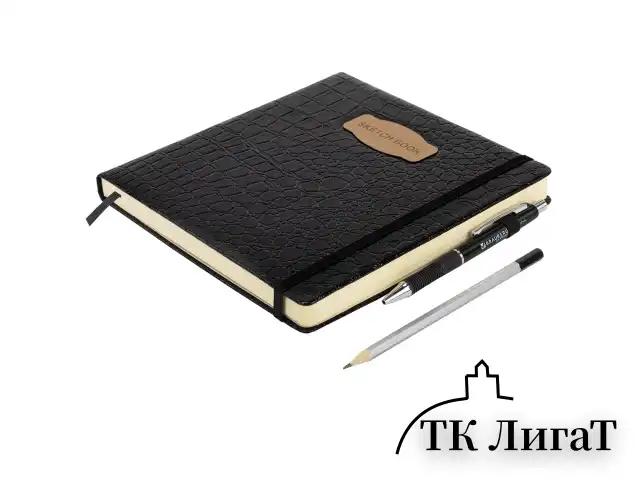 Скетчбук, слоновая кость 140 г/м2, 200х200 мм, 80 л., КОЖЗАМ, резинка, BRAUBERG ART CLASSIC, CROCO, черный, 116472