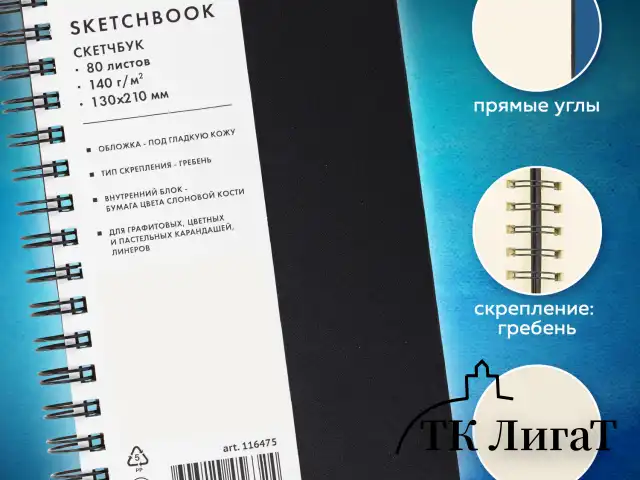 Скетчбук, слоновая кость 140 г/м2 130х210 мм, 80 л., КОЖЗАМ, гребень, BRAUBERG ART CLASSIC, черный, 116475