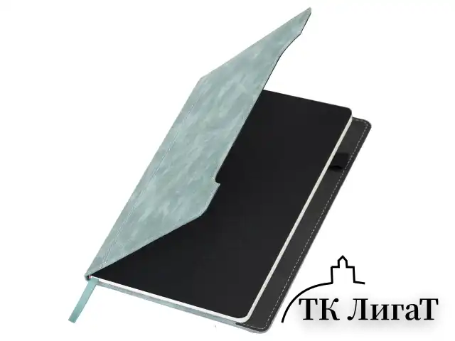 Блокнот А5 165x218 мм, BRAUBERG "Perfect", под кожу софт-тач, держатель для ручки, 80 листов, клетка, серо-голубой, 116615