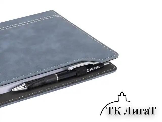 Блокнот А5 165x218 мм, BRAUBERG "Perfect", под кожу софт-тач, держатель для ручки, 80 листов, клетка, серо-синий, 116618
