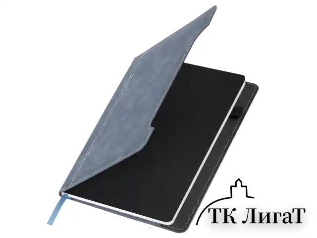 Блокнот А5 165x218 мм, BRAUBERG "Perfect", под кожу софт-тач, держатель для ручки, 80 листов, клетка, серо-синий, 116618
