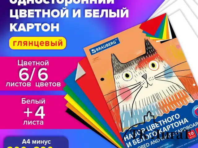 Набор картона БЕЛЫЙ + ЦВЕТНОЙ А4 мелованный, 10 листов (белый 4 листа + цветной 6 листов), в папке, BRAUBERG, 116630