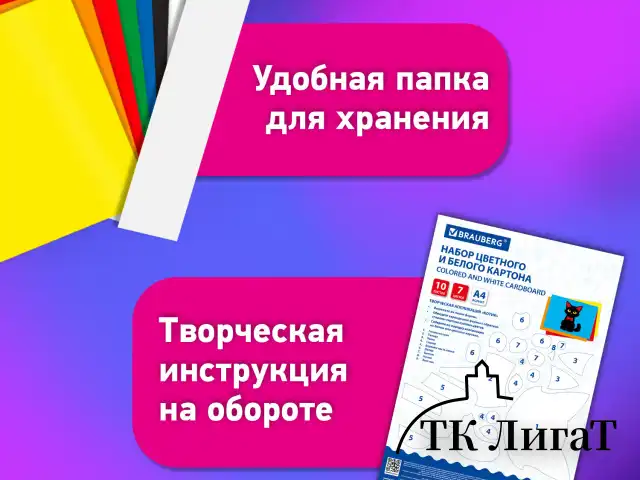 Набор картона БЕЛЫЙ + ЦВЕТНОЙ А4 мелованный, 10 листов (белый 4 листа + цветной 6 листов), в папке, BRAUBERG, 116630