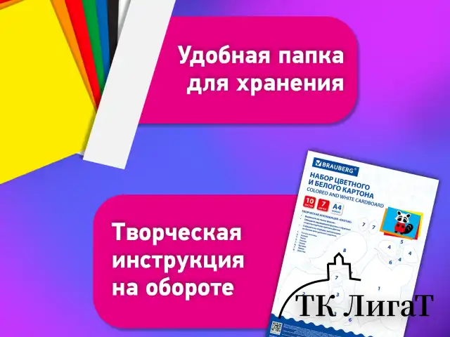 Набор картона БЕЛЫЙ + ЦВЕТНОЙ А4 немелованный, 10 листов (белый 4 листа + цветной 6 листов), в папке, BRAUBERG, 116631