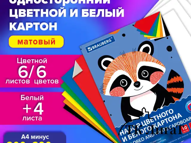 Набор картона БЕЛЫЙ + ЦВЕТНОЙ А4 немелованный, 10 листов (белый 4 листа + цветной 6 листов), в папке, BRAUBERG, 116631