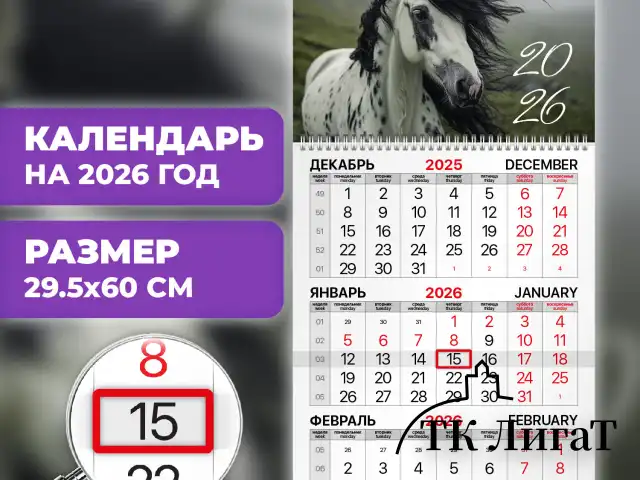 Календарь квартальный на 2026 г., 1 блок, 1 гребень, бегунок, мелованная бумага, BRAUBERG, "Символ года", 116747