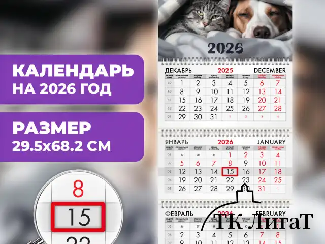 Календарь квартальный на 2026 г., 3 блока, 3 гребня, бегунок, офсет, BRAUBERG, "Домашние любимцы", 116763