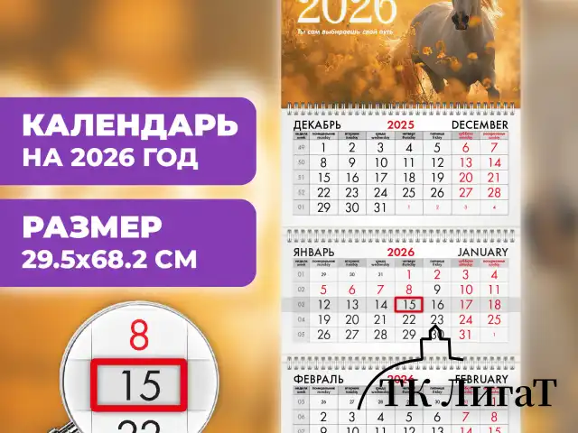 Календарь квартальный на 2026 г., 3 блока, 3 гребня, бегунок, офсет, BRAUBERG, "Символ года 5", 116769
